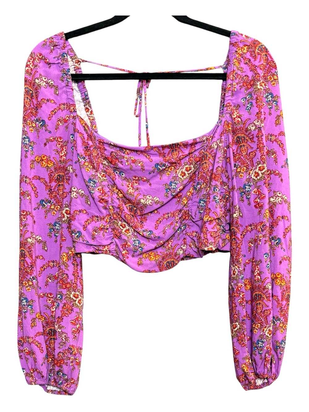 UO Urban Outfitters Women L Purple Boho Long Sleeve Bambi Floral Ruched Crop Top